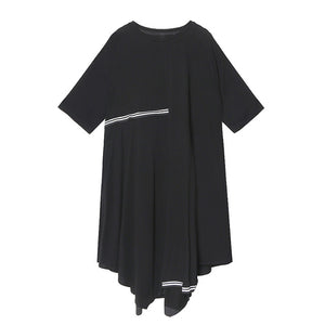 [EAM] Women Black Striped Asymmetrical Big Size Dress New Round Neck Half Sleeve Loose Fit Fashion Tide Spring Summer 2020 1U076